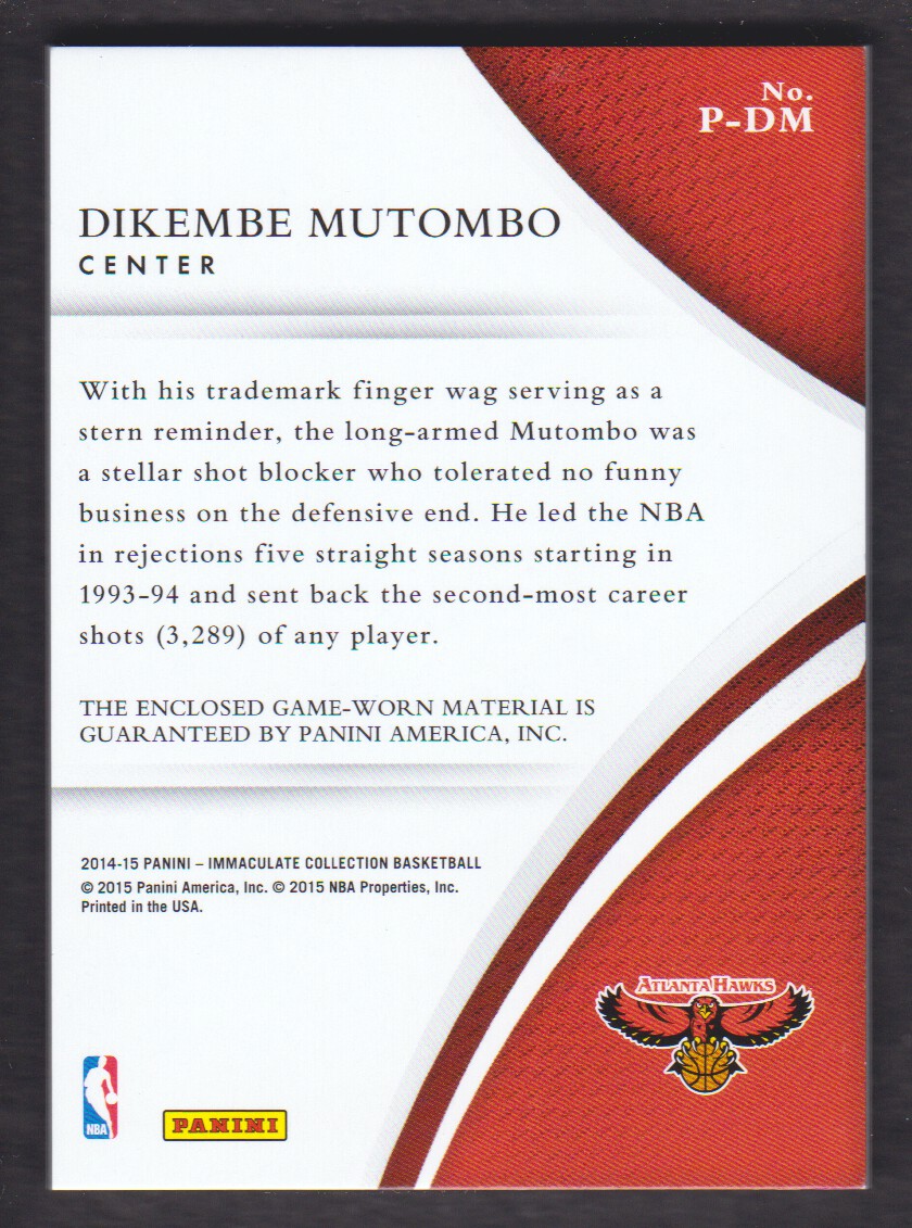 2014-15 Immaculate Collection Patches #PDM Dikembe Mutombo/55 back image