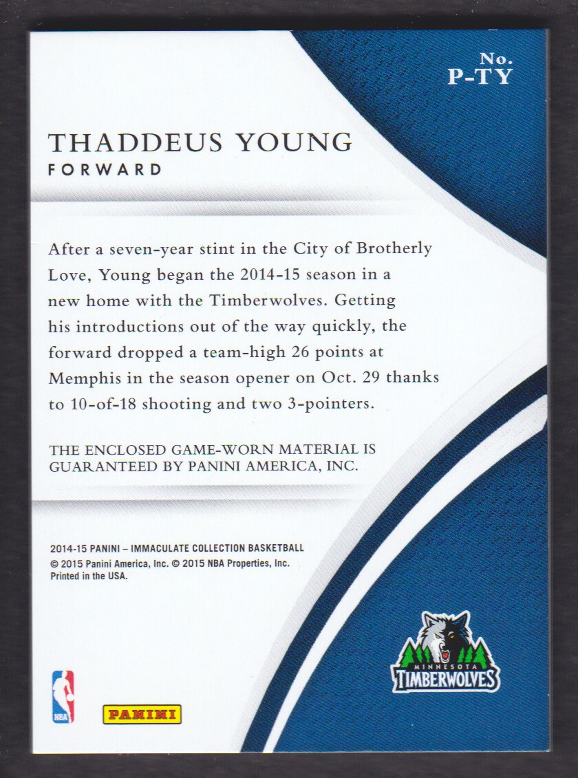 2014-15 Immaculate Collection Patches #PTY Thaddeus Young/33 back image