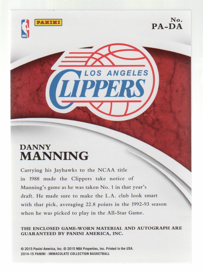 2014-15 Immaculate Collection Patches Autographs #PADMA Danny Manning/75 back image