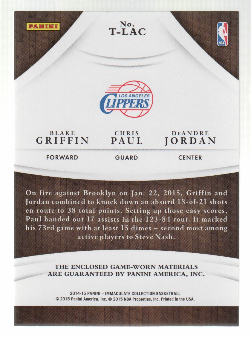 2014-15 Immaculate Collection Trios Materials #TLAC Blake Griffin/Chris Paul/DeAndre Jordan/75 back image