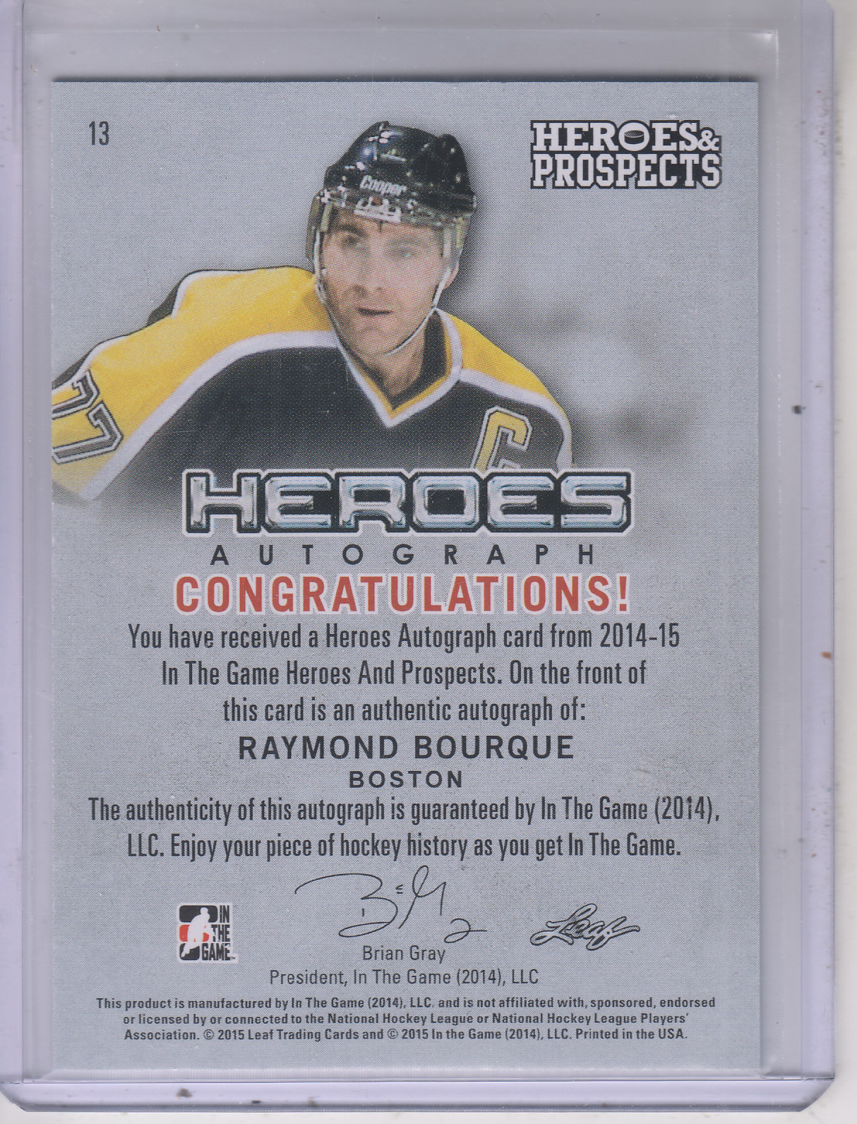 2014-15 ITG Heroes and Prospects Hero Autographs #13 Raymond Bourque back image