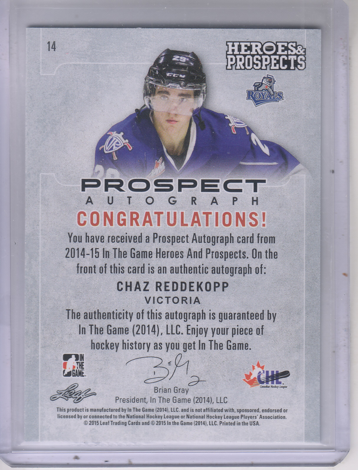 2014-15 ITG Heroes and Prospects Prospect Autographs #14 Chaz Reddekopp/80 back image