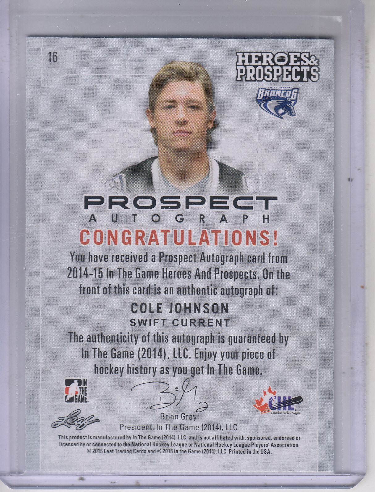 2014-15 ITG Heroes and Prospects Prospect Autographs #16 Cole Johnson/80 back image