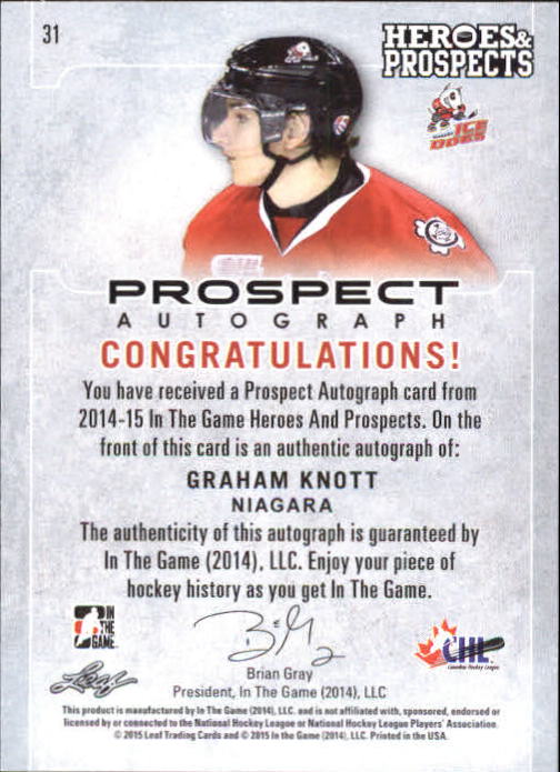 2014-15 ITG Heroes and Prospects Prospect Autographs #31 Graham Knott/80 back image