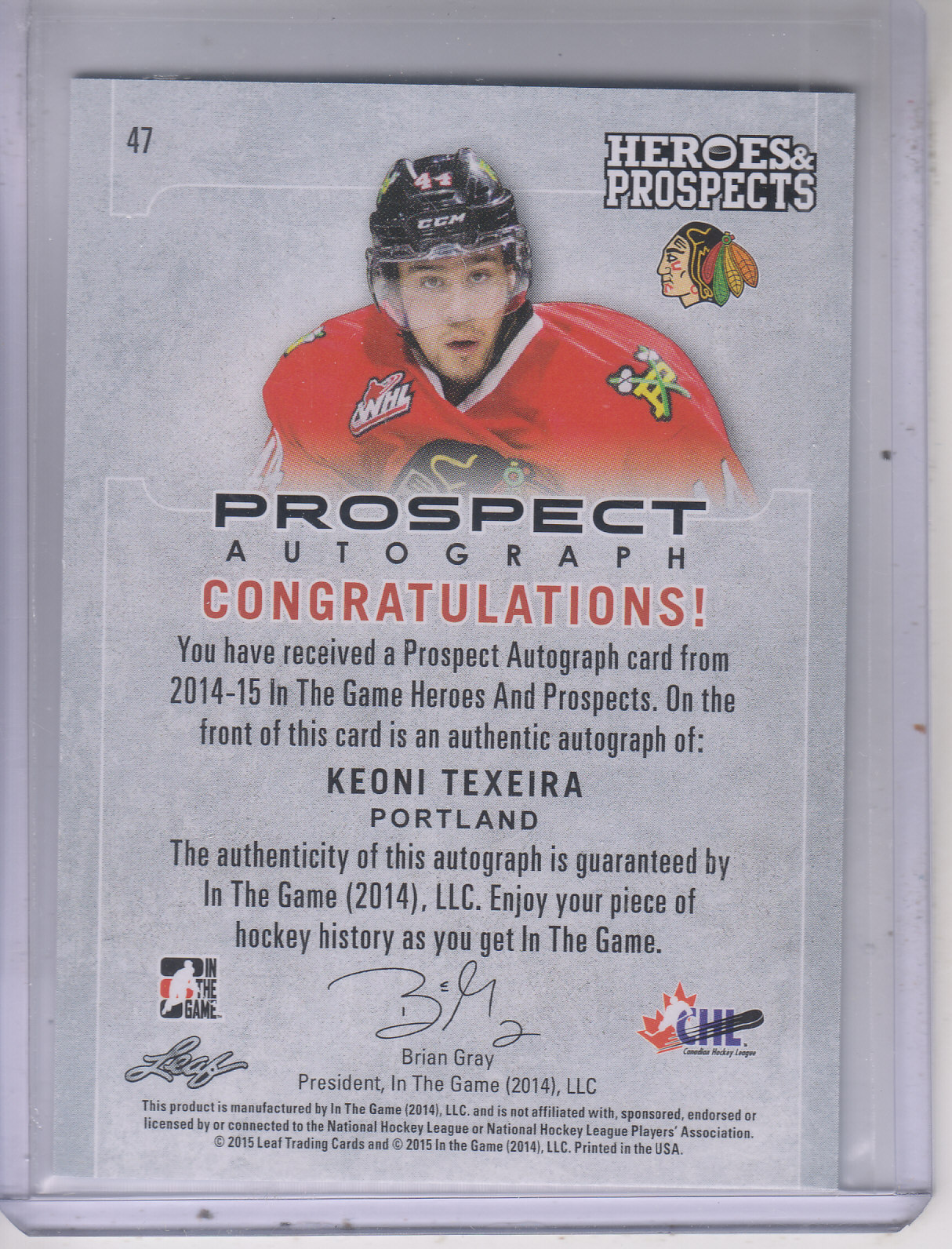 2014-15 ITG Heroes and Prospects Prospect Autographs #47 Keoni Texeira/80 back image