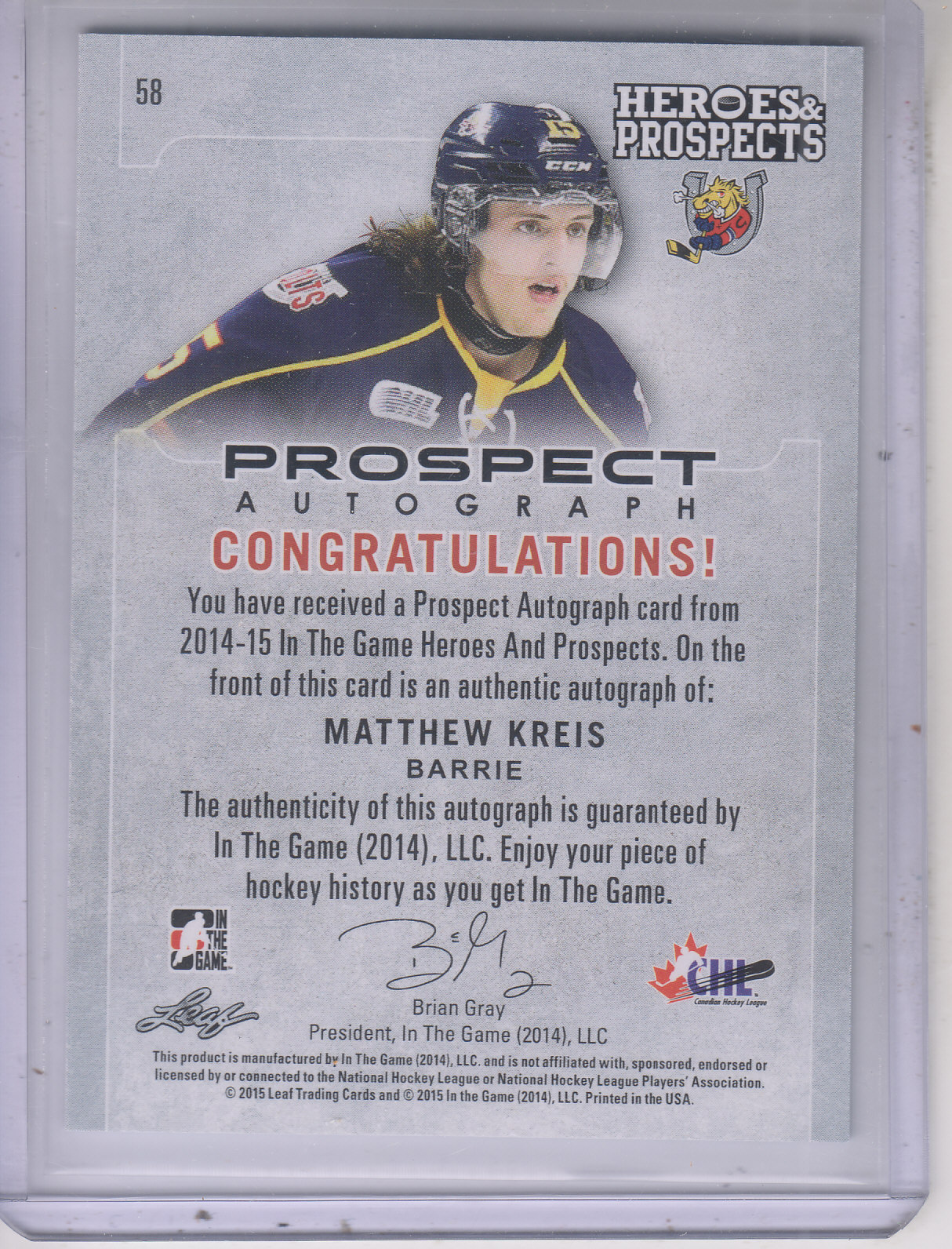 2014-15 ITG Heroes and Prospects Prospect Autographs #58 Matthew Kreis/80 back image