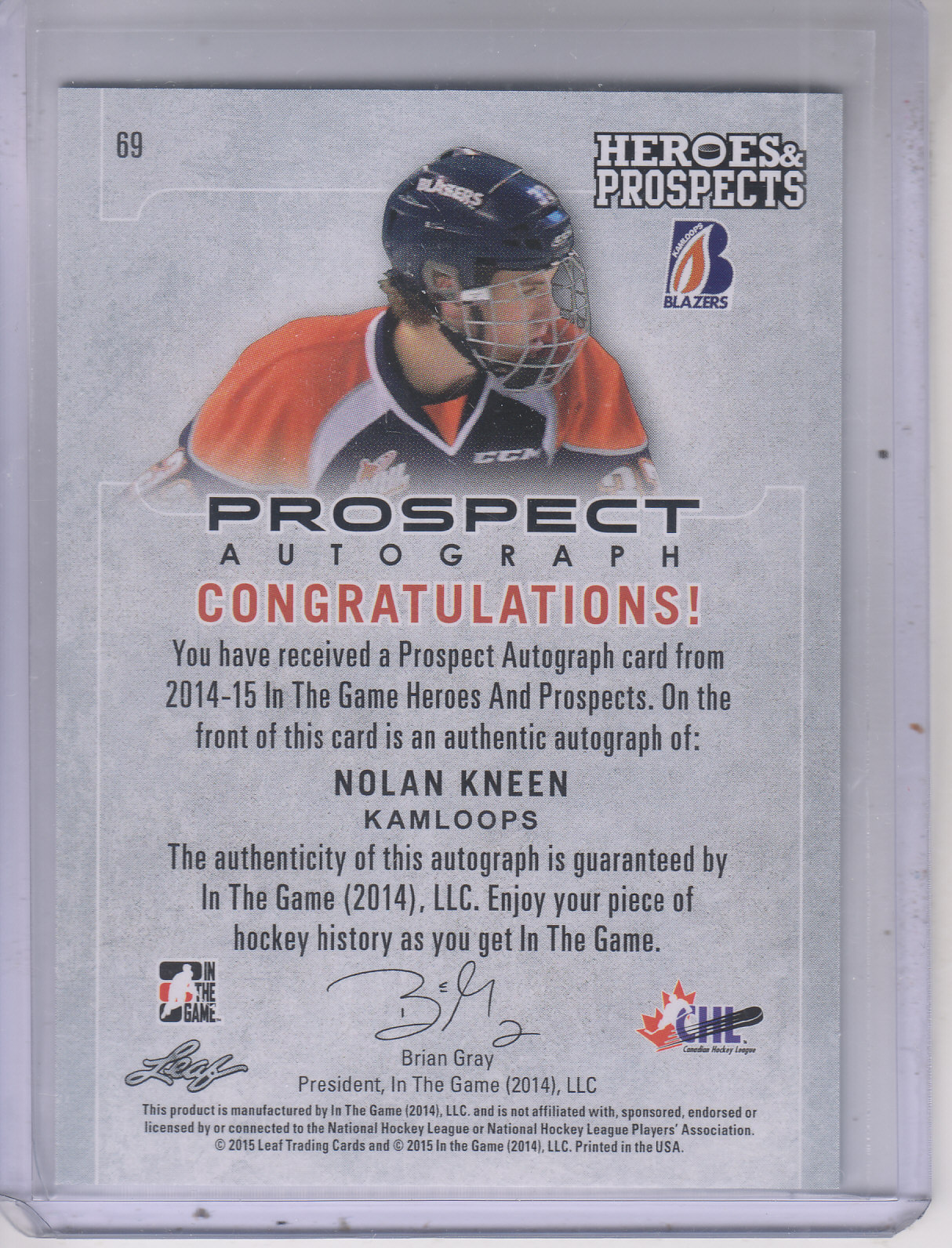 2014-15 ITG Heroes and Prospects Prospect Autographs #69 Nolan Kneen/80 back image