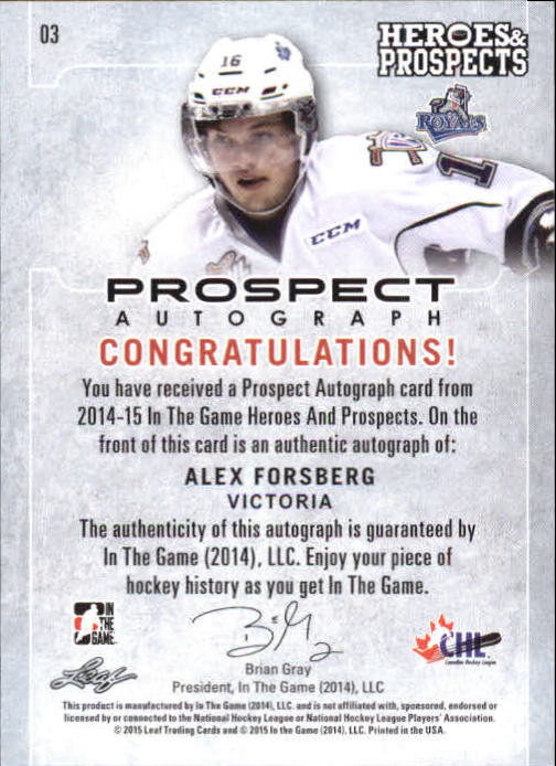 2014-15 ITG Heroes and Prospects Prospect Autographs Gold #3 Alex Forsberg/30 back image