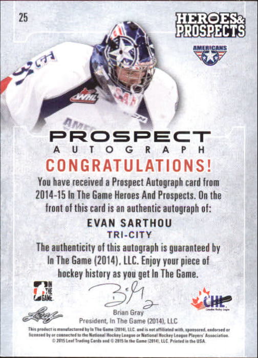 2014-15 ITG Heroes and Prospects Prospect Autographs Gold #25 Evan Sarthou/30 back image