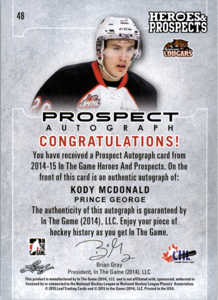 2014-15 ITG Heroes and Prospects Prospect Autographs Gold #48 Kody McDonald/30 back image