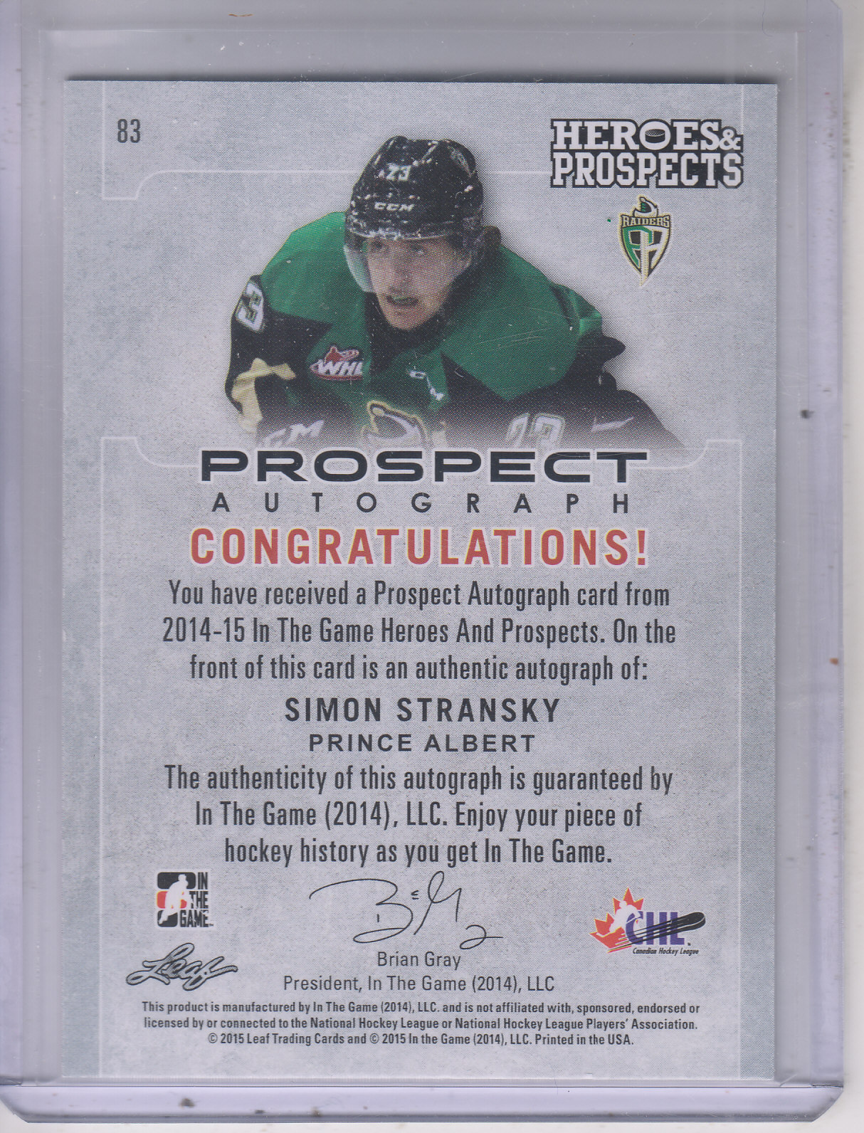 2014-15 ITG Heroes and Prospects Prospect Autographs Gold #83 Simon Stransky/30 back image