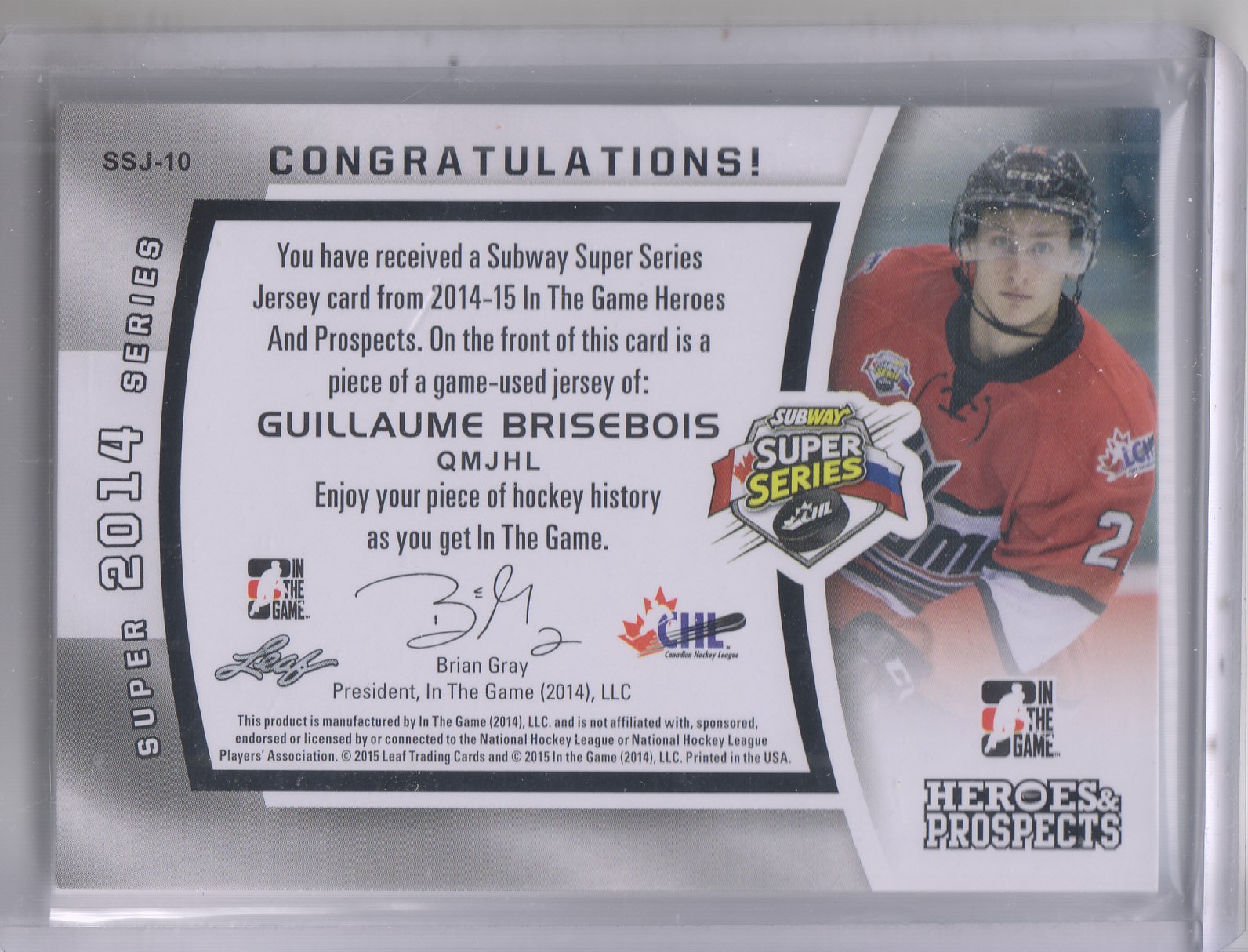2014-15 ITG Heroes and Prospects Subway Series Jerseys #SSJ11 Guillaume Brisebois back image