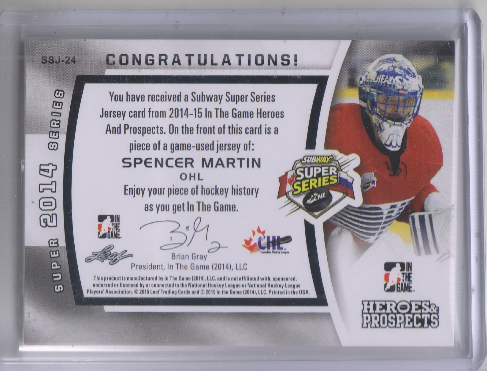 2014-15 ITG Heroes and Prospects Subway Series Jerseys #SSJ26 Spencer Martin back image