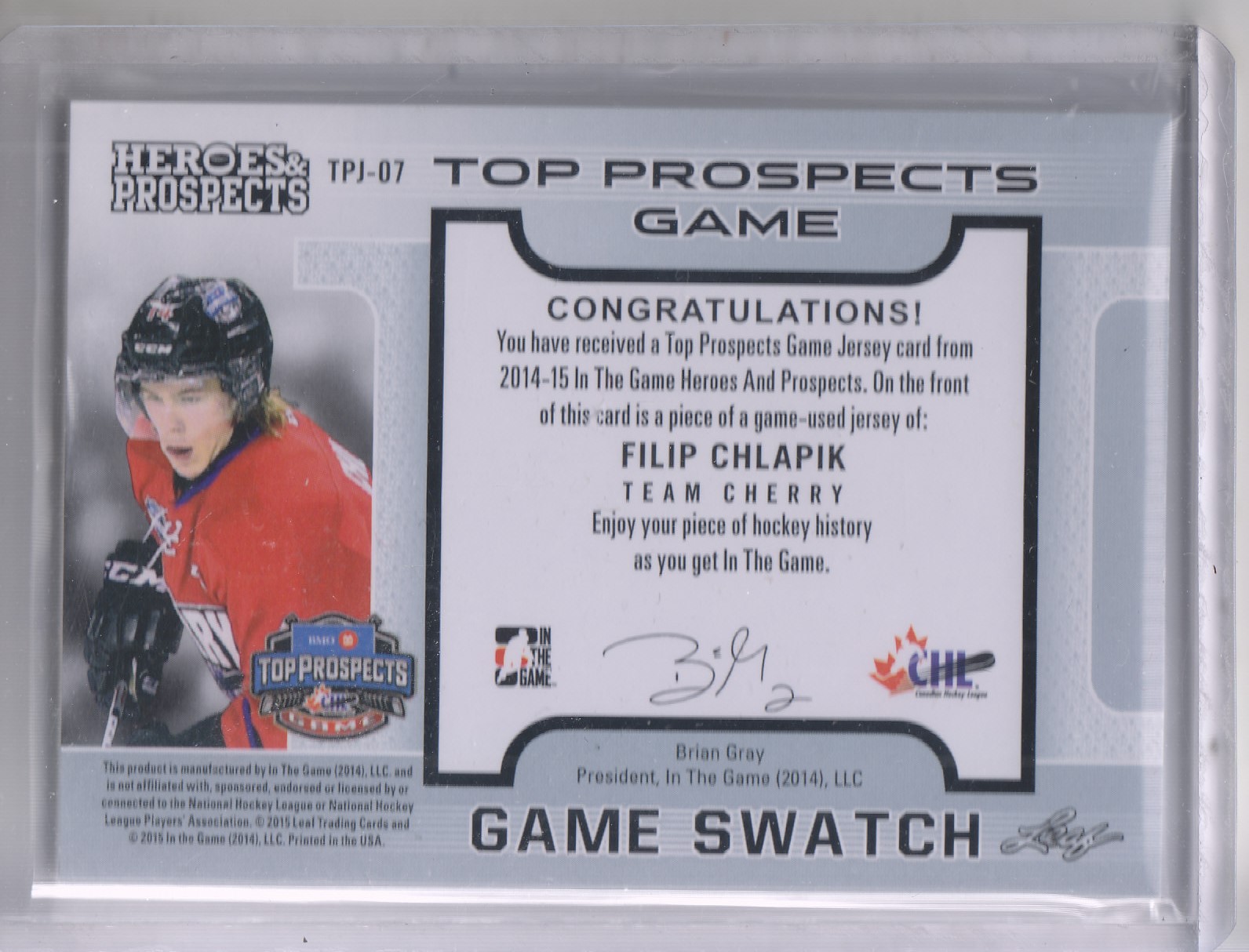 2014-15 ITG Heroes and Prospects Top Prospects Jersey #TPJ07 Filip Chlapik back image