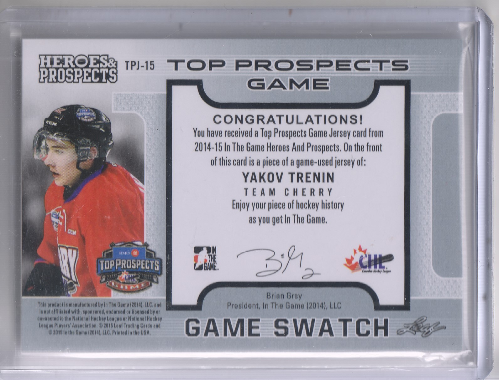 2014-15 ITG Heroes and Prospects Top Prospects Jersey #TPJ15 Yakov Trenin back image