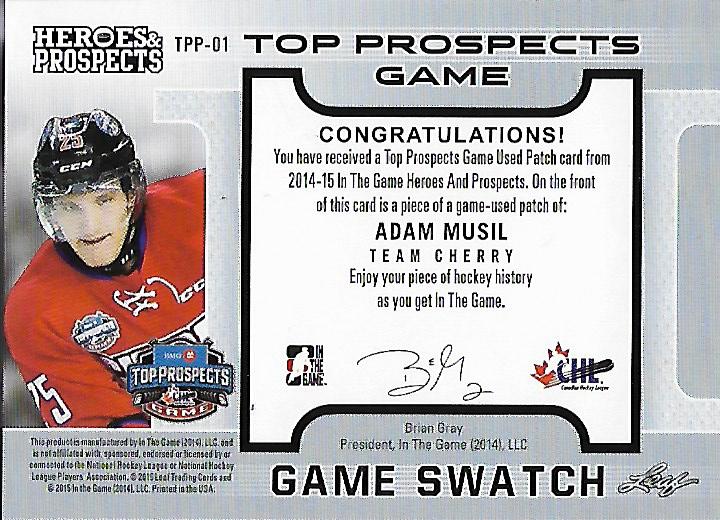2014-15 ITG Heroes and Prospects Top Prospects Jersey Patches Gold #AM2 Adam Musil back image