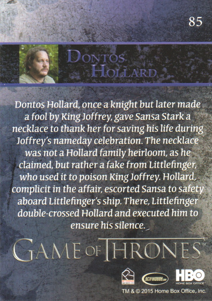 2015 Rittenhouse Game of Thrones Season Four Foil #85 Dontos Hollard back image