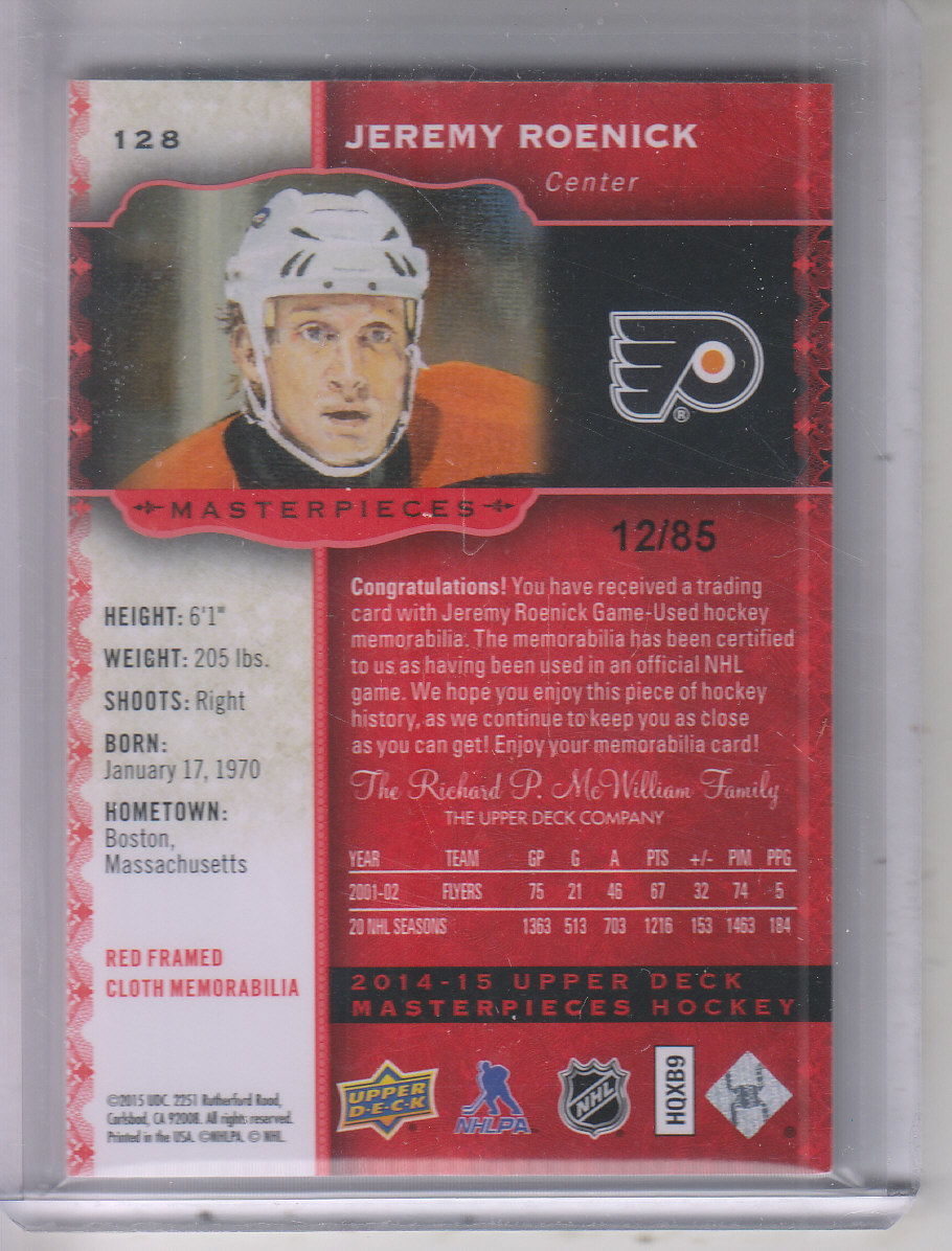 2014-15 UD Masterpieces Memorabilia Framed Red Cloth #128 Jeremy Roenick/85 back image