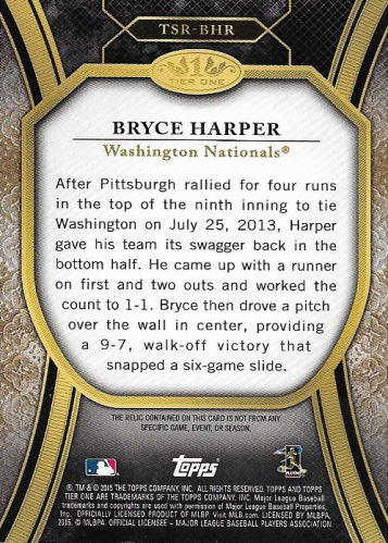 2015 Topps Tier One Relics #TSRBHR Bryce Harper/199 back image