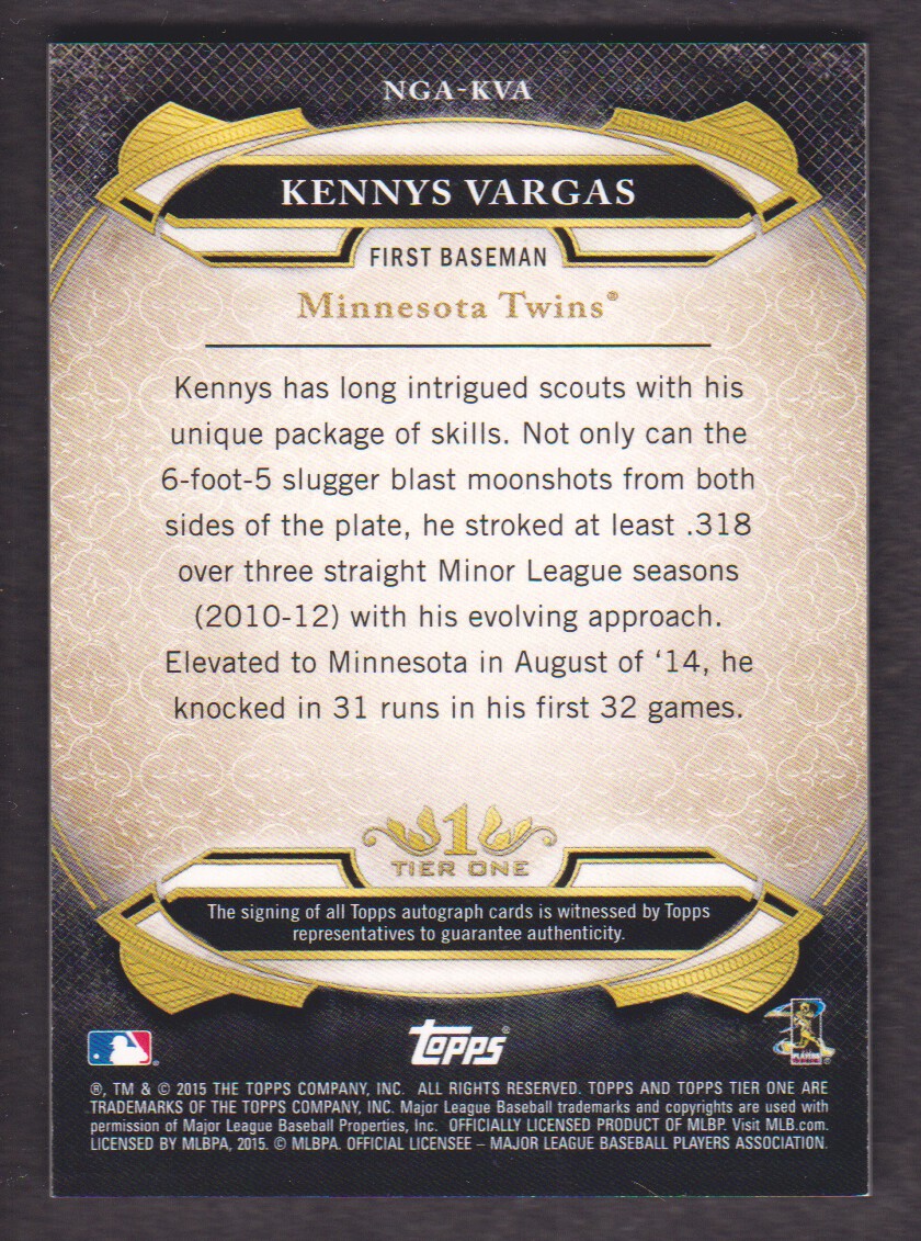 2015 Topps Tier One New Guard Autographs #NGAKVA Kennys Vargas/399 back image