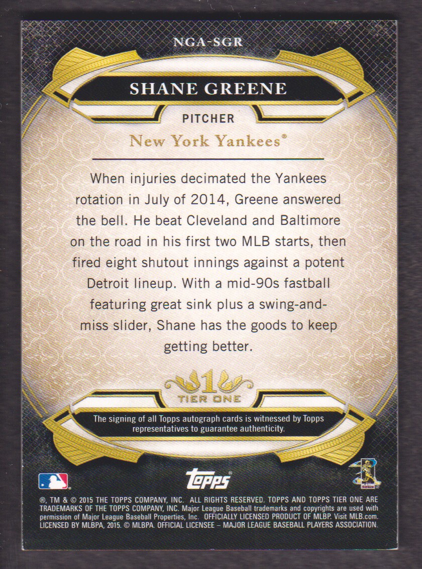 2015 Topps Tier One New Guard Autographs #NGASGR Shane Greene/349 back image