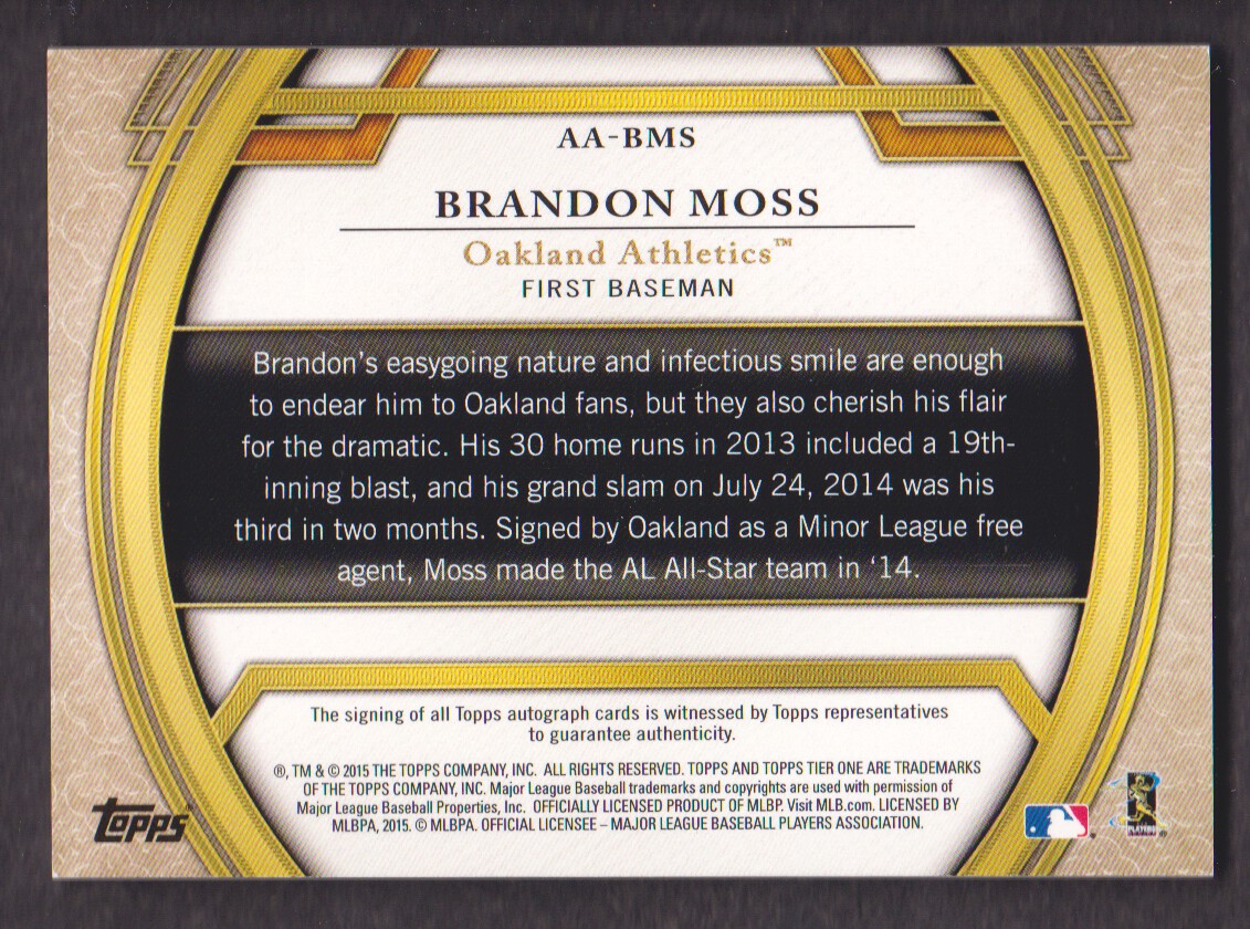 2015 Topps Tier One Acclaimed Autographs #AABMS Brandon Moss/399 back image