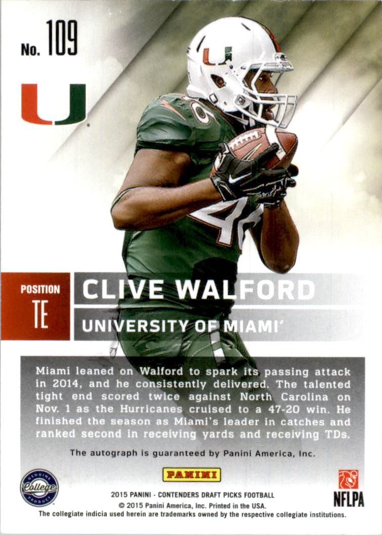 2015 Panini Contenders Draft Picks #109A Clive Walford AU RC/(green jsy)