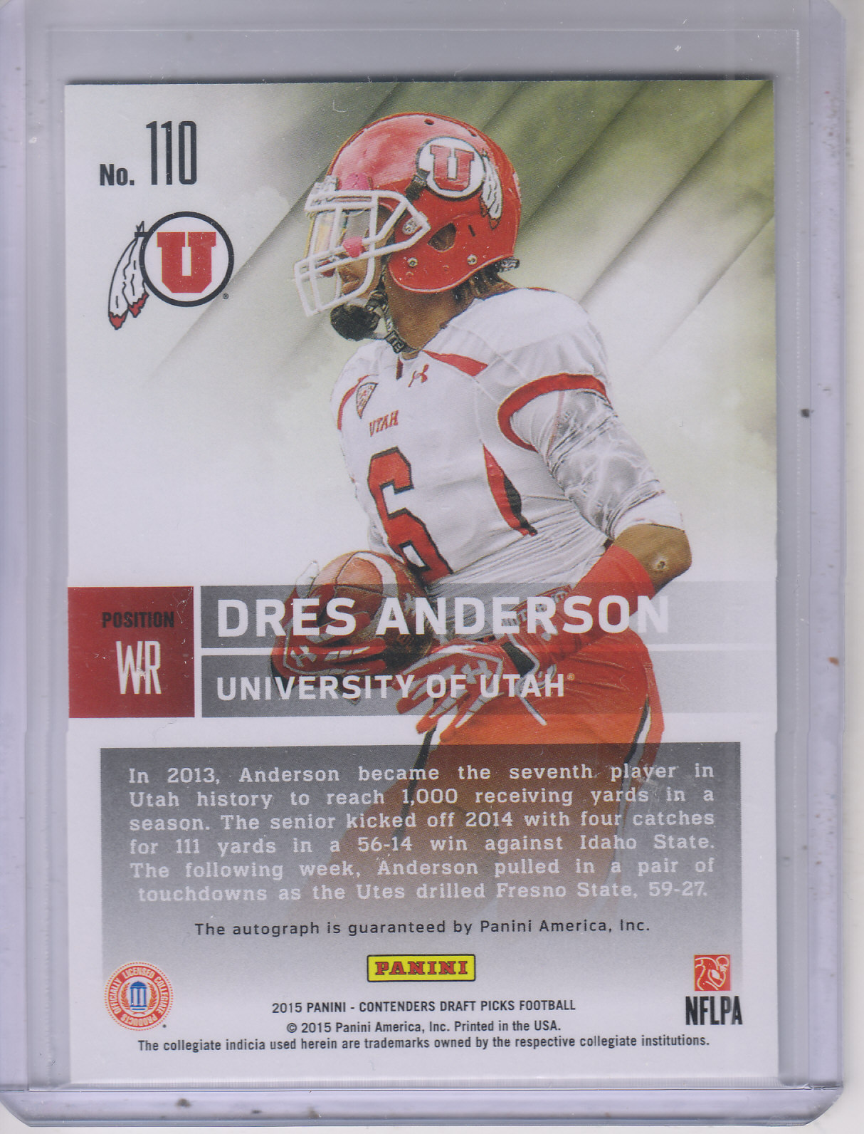 2015 Panini Contenders Draft Picks #110A Dres Anderson AU RC/(red arm band) back image