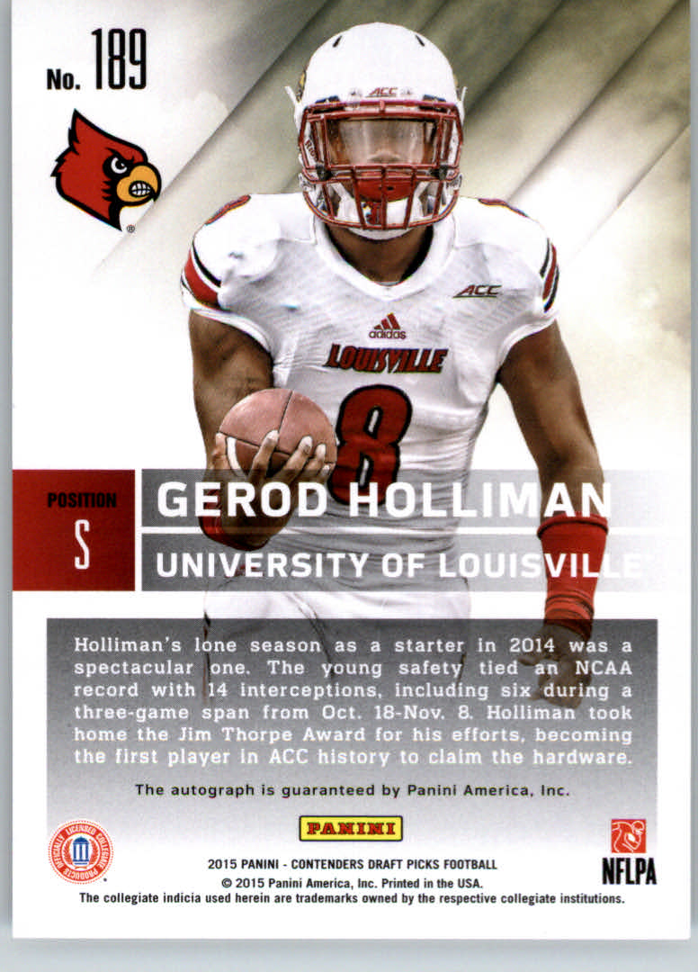 2015 Panini Contenders Draft Picks College Draft Ticket Red Foil #189 Gerod Holliman AU back image
