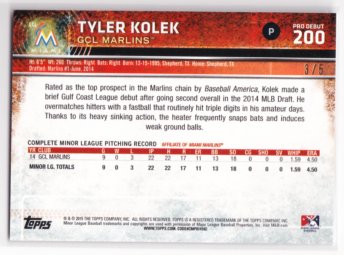 2015 Topps Pro Debut Red #200 Tyler Kolek back image