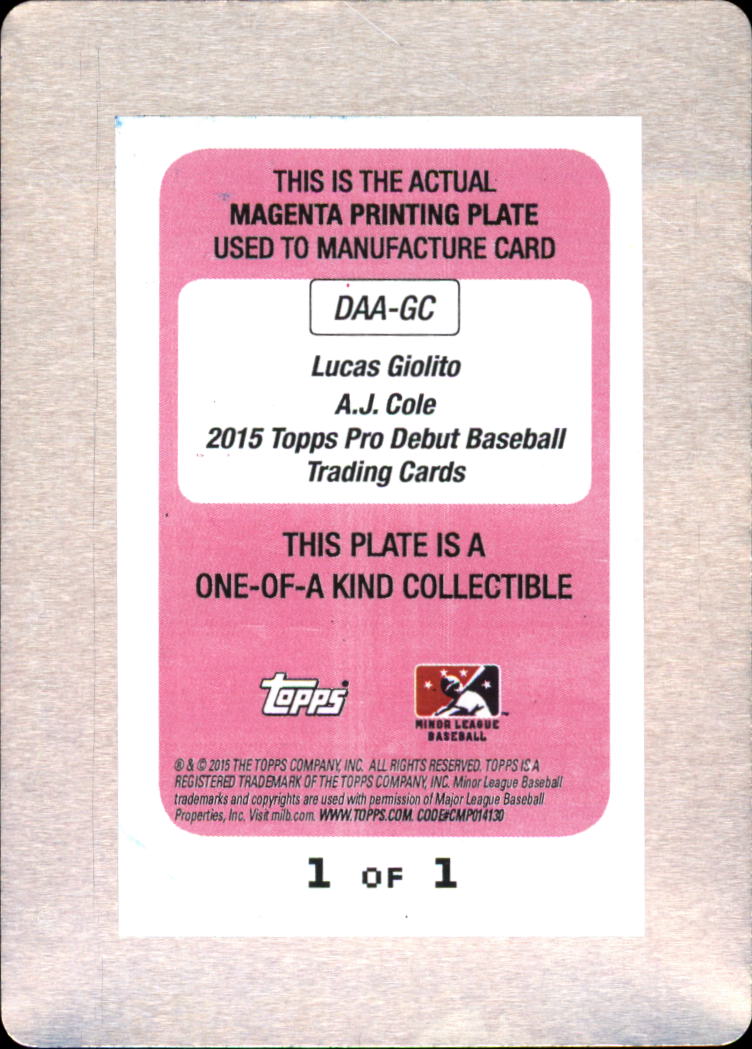 2015 Topps Pro Debut Dual Affiliation Autographs Printing Plates Magenta #DAAGC A.J. Cole/Lucas Giolito back image