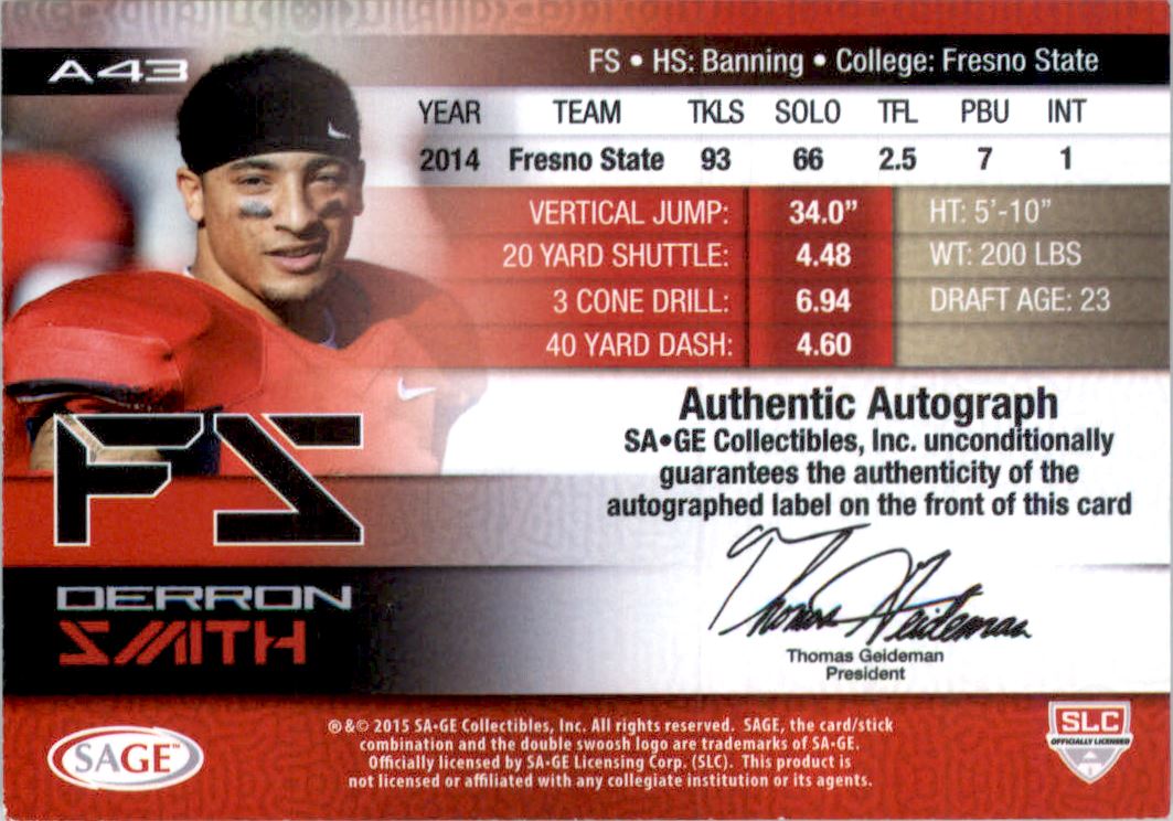 2015 SAGE Autographs Gold #43 Derron Smith back image