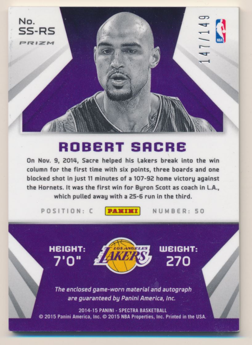 2014-15 Panini Spectra Spectacular Swatches Signatures #SSRS Robert Sacre/149 back image