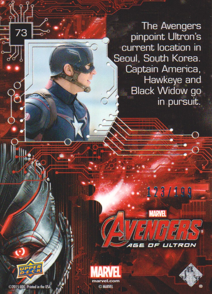 2015 Upper Deck Avengers Age of Ultron AOU Blue #73 The Avengers pinpoint Ultron's current location back image