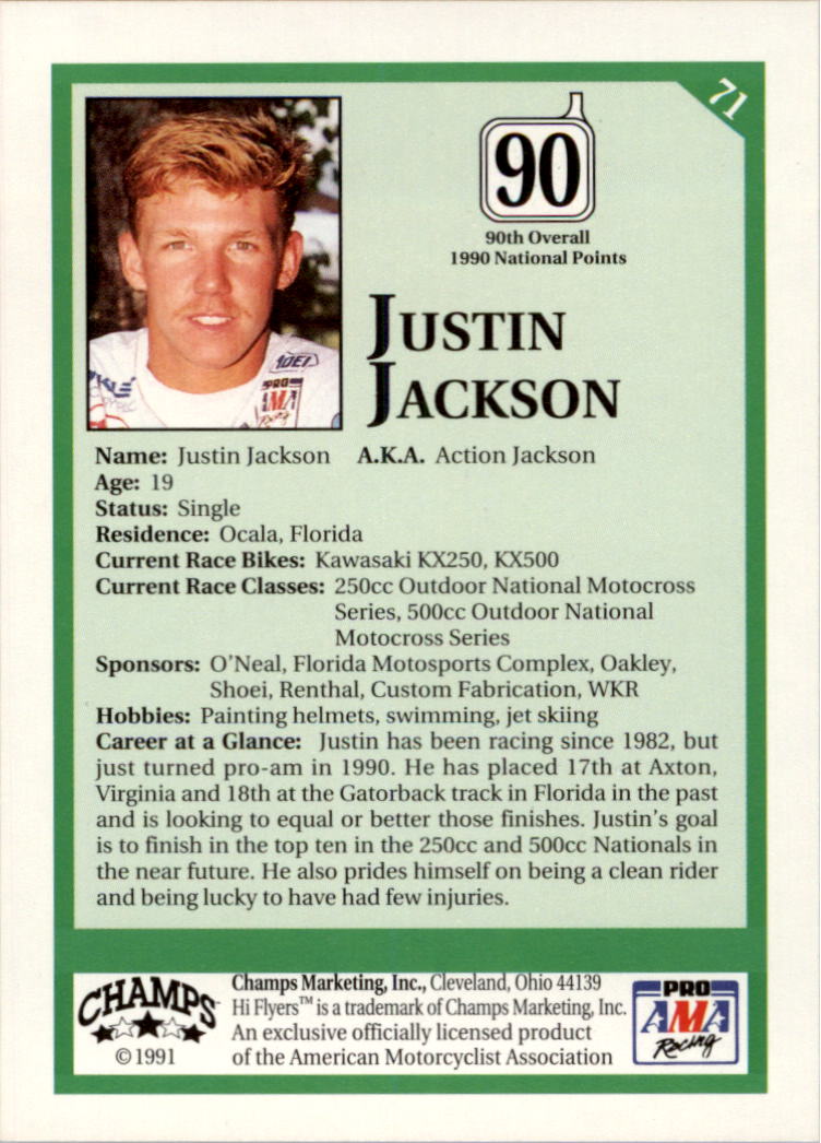 1991 Champ's Hi Flyers Motocross #71 Justin Jackson back image