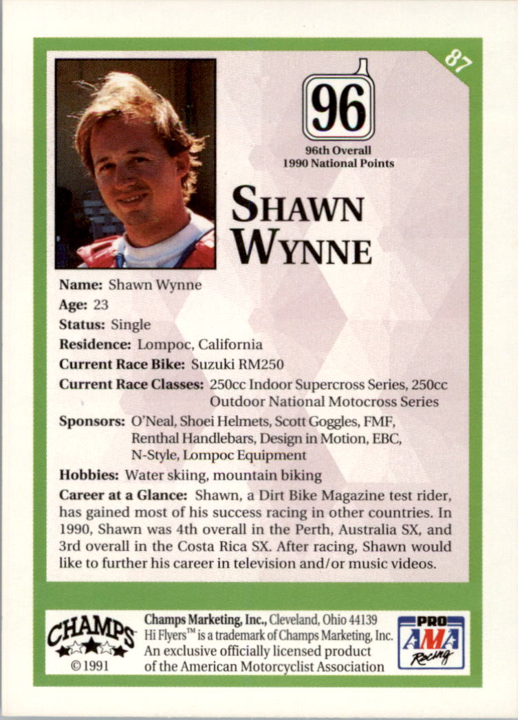 1991 Champ's Hi Flyers Motocross #87 Shawn Wynne back image