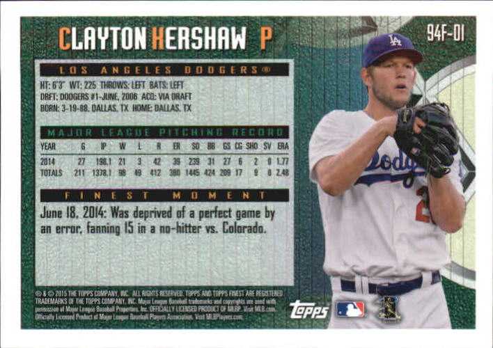2015 Finest '95 Topps Finest #94F01 Clayton Kershaw back image