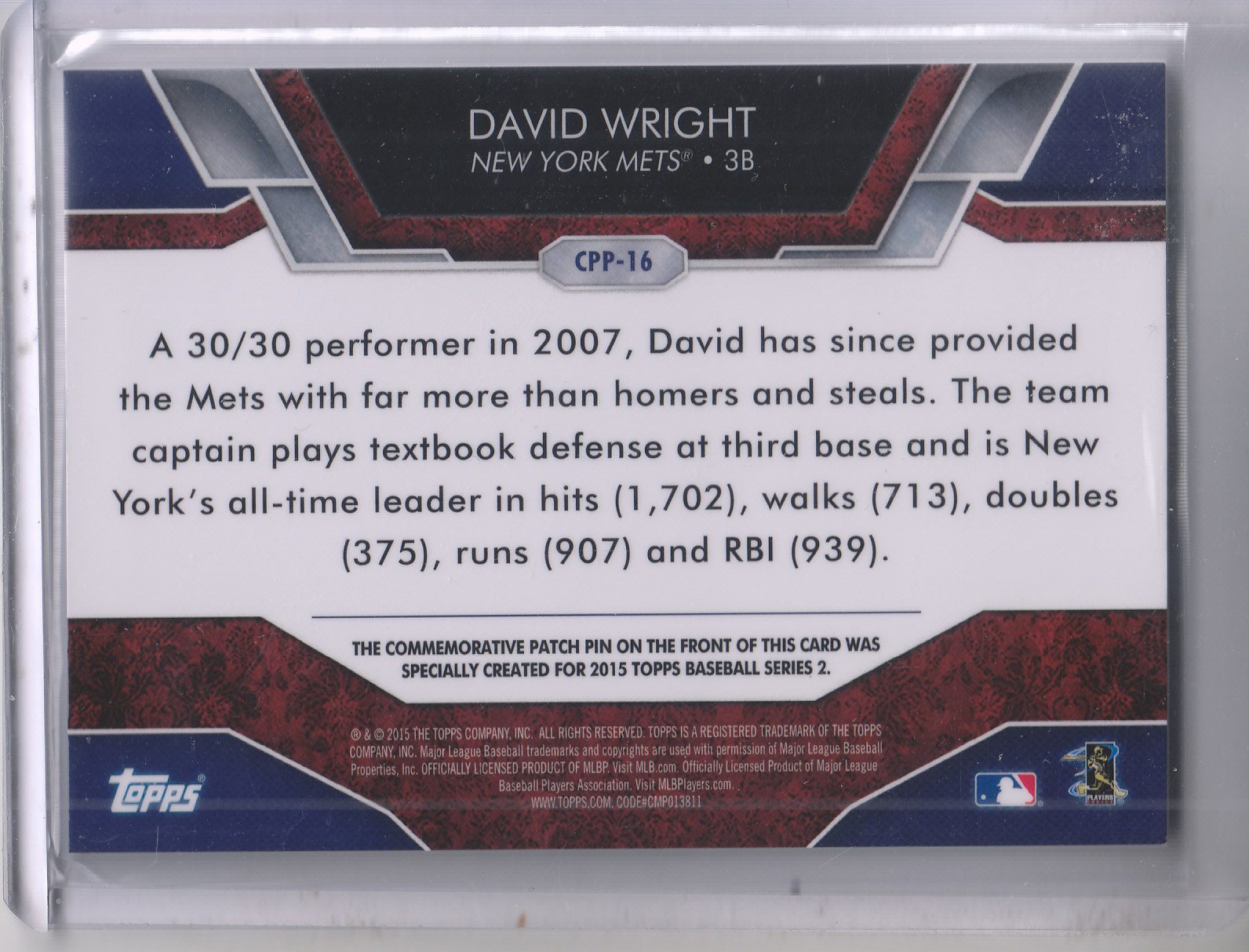 2015 Topps Commemorative Patch Pins CPP16 David Wright NMMT