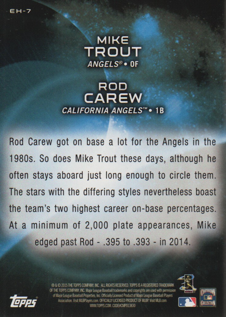 2015 Topps Eclipsing History #EH7 Rod Carew/Mike Trout back image