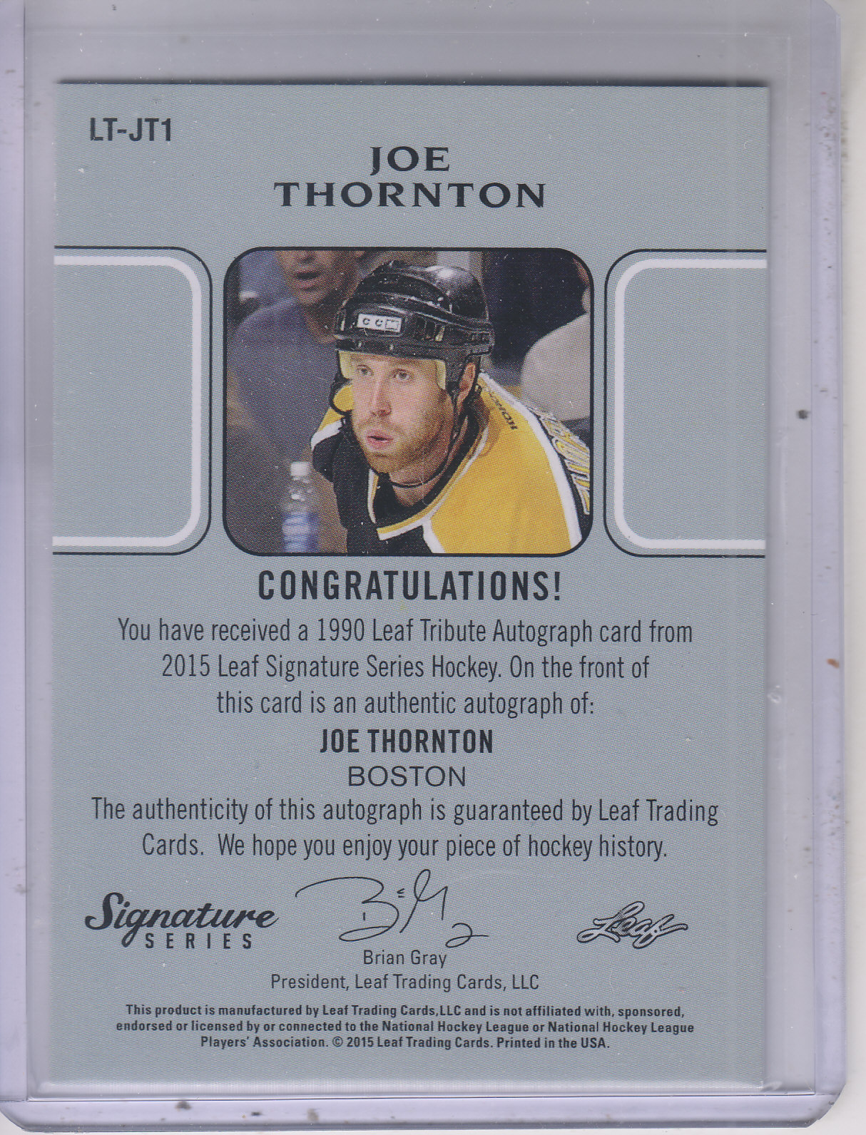 2015-16 Leaf Signature Series '90 Leaf Tribute Autographs Gray #LTJT1 Joe Thornton/5 back image