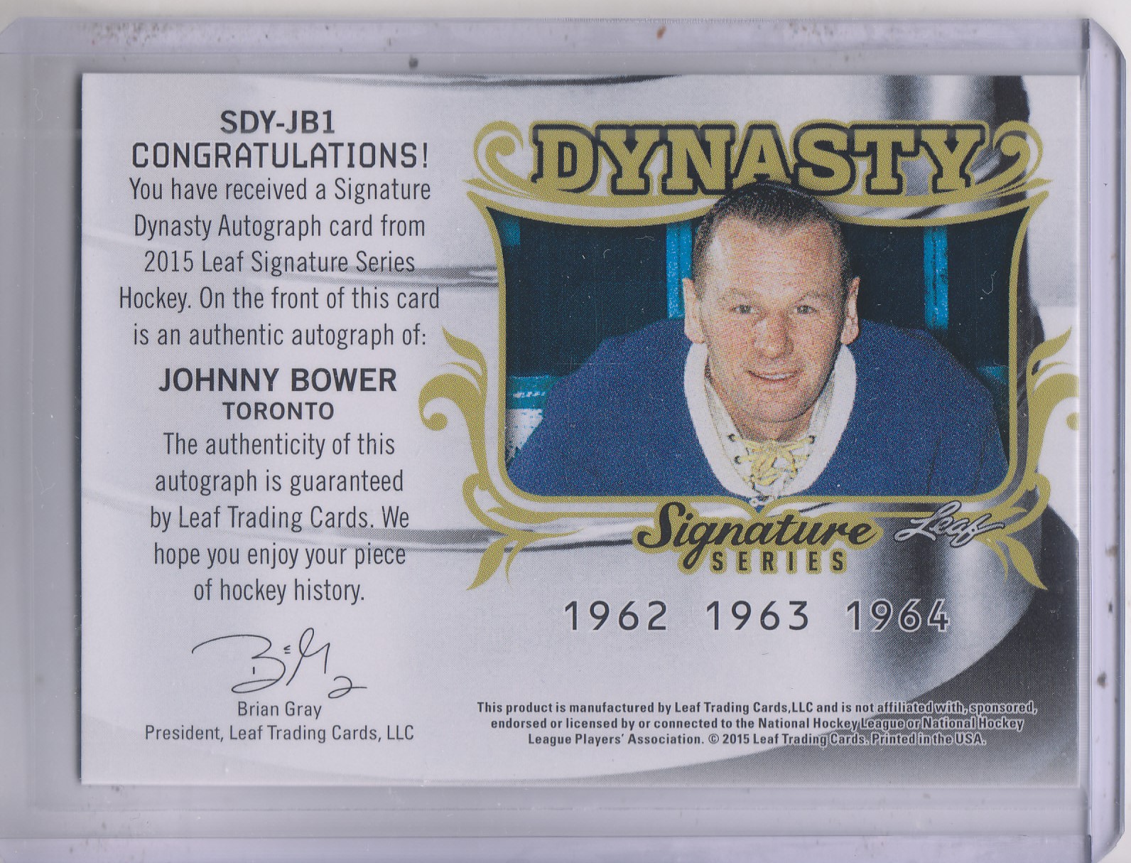 2015-16 Leaf Signature Series Dynasty Autographs Gray #SDYJB1 Johnny Bower back image