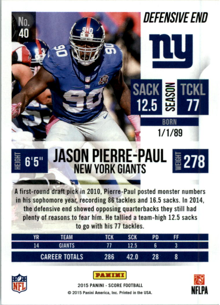 2015 Score Scorecard #40 Jason Pierre-Paul back image