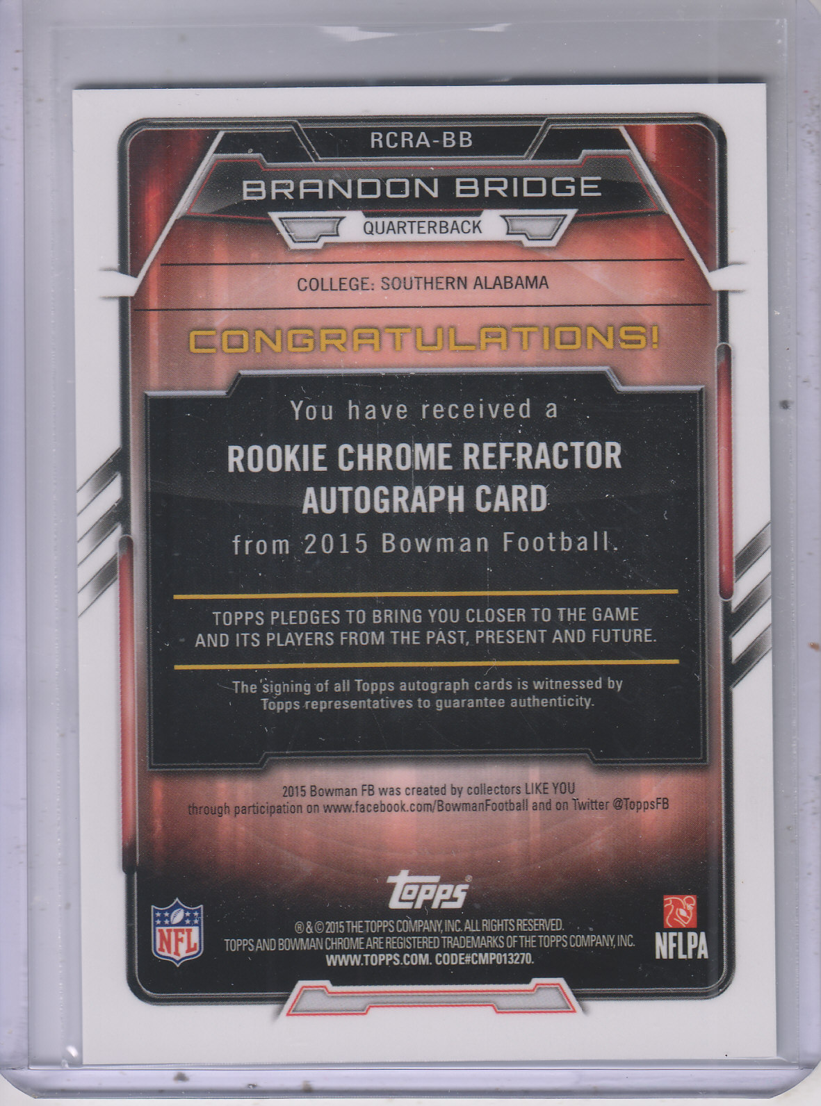 2015 Bowman Chrome Rookie Autographs Refractors #RCRABB Brandon Bridge back image