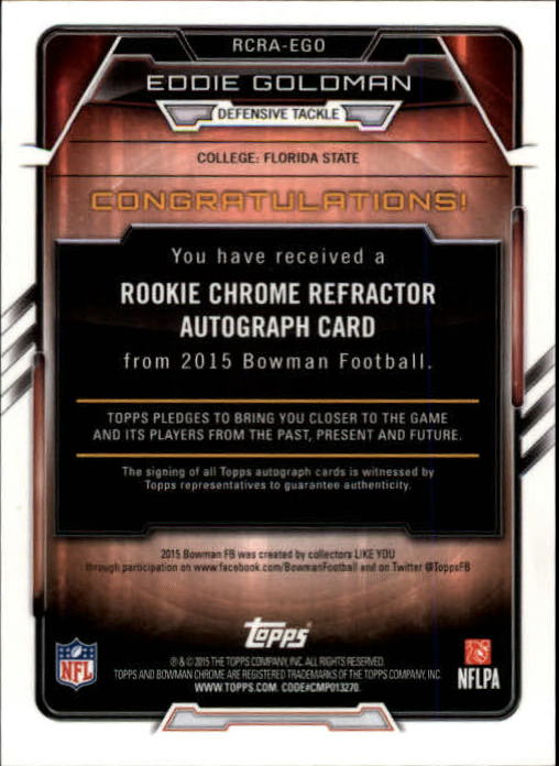 2015 Bowman Chrome Rookie Autographs Refractors #RCRAEGO Eddie Goldman back image