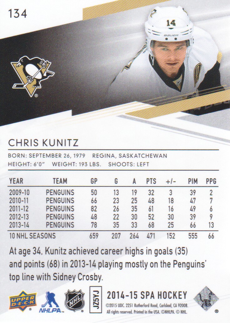2014-15 SP Authentic #134 Chris Kunitz back image