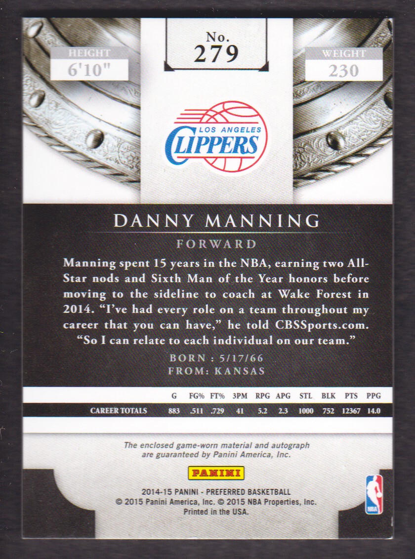 2014-15 Panini Preferred #279 Danny Manning SL JSY AU/60 back image