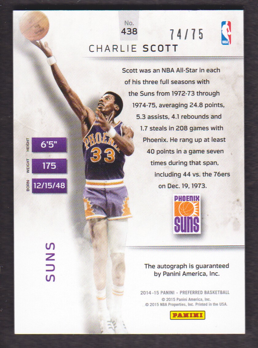 2014-15 Panini Preferred #438 Charlie Scott PS AU/75 back image