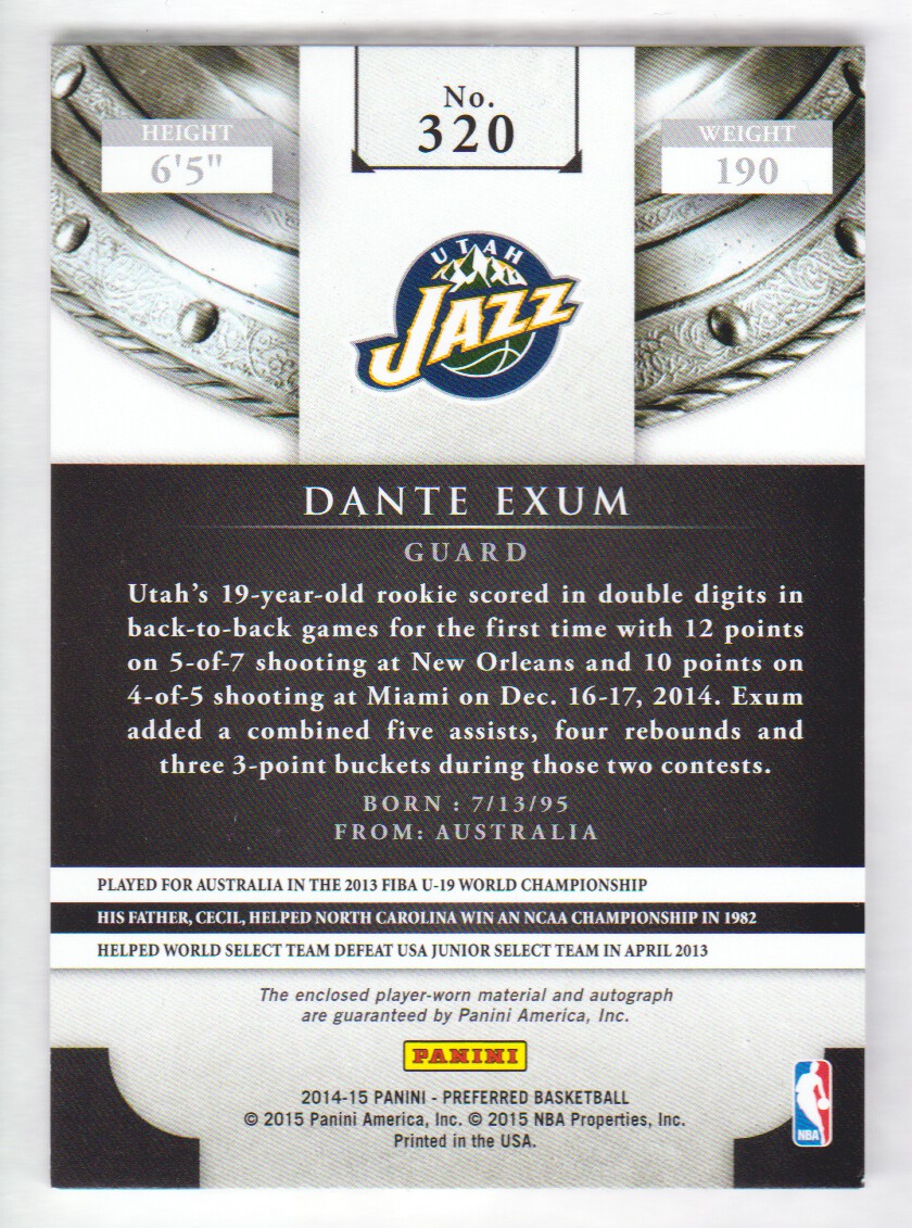 2014-15 Panini Preferred Silhouettes Prime #320 Dante Exum/25 back image