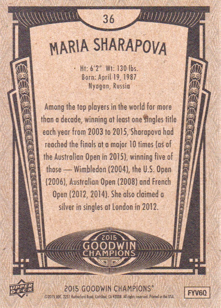2015 Upper Deck Goodwin Champions #36 Maria Sharapova back image
