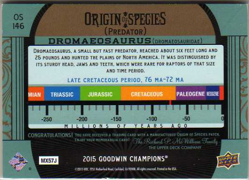 2014 Upper Deck Goodwin Champions Origin of Species Patches #OS146 Dromaeosaurus back image